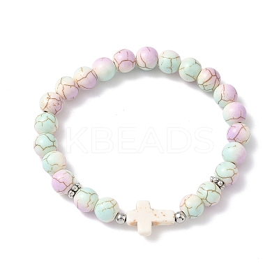 Baking Paint Synthetic Turquoise Round & Cross Beads Stretch Bracelets for Men Women BJEW-JB12339-02-1