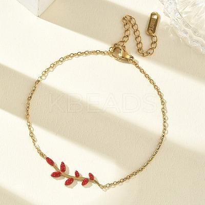 304 Stainless Steel Rhinestone Leaf Link Bracelets SA-CBA5F76-03G-1
