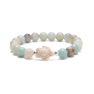 Natural Flower Amazonite & Synthetic Turquoise(Dyed) Tortoise Beaded Stretch Bracelet BJEW-TA00167-1