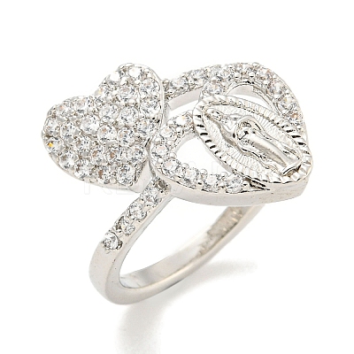 Heart & Virgin Mary Rack Plating Brass Micro Pave Cubic Zirconia Cuff Rings for Women RJEW-F162-11P-1