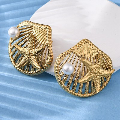 Shell Shape with Starfish 304 Stainless Steel Plastic Imitation Pearl Stud Earrings EJEW-Z109-04G-1