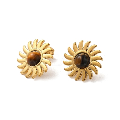 Natural Tiger Eye Sun Stud Earrings EJEW-D075-01C-G-1