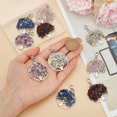 10Pcs 5 Styles Natural Amethyst & Lapis Lazuli & Rose Quartz & Garnet & Flower Amazonite Chip Tree of Life Big Pendants PALLOY-HY00014-1