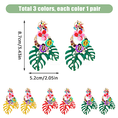 3 Pairs 3 Colors Flower & Leaf Rhinestone Dangle Stud Earrings EJEW-FI0003-21-1