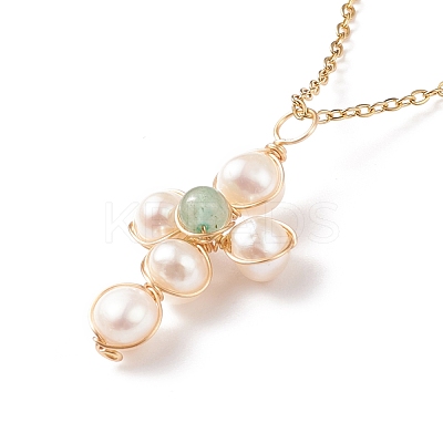Natural Green Aventurine & Pearl Braided Cross Pendant Necklace NJEW-JN03920-02-1