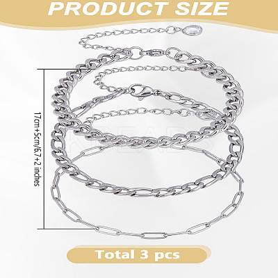 3Pcs 3 Styles Stainless Steel Chains Bracelets for Women BJEW-LP0001-21P-1