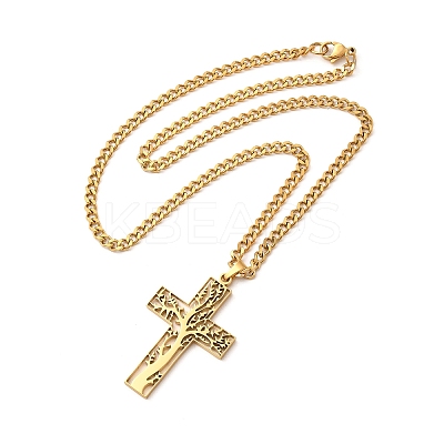304 Stainless Steel Cross with Tree of Life Pendant Necklaces NJEW-M197-02G-1