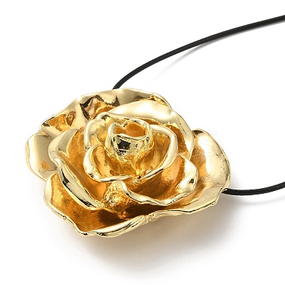 Zinc Alloy Rose Flower Pendant Necklace with Leather Cords NJEW-D044-01KCG-1