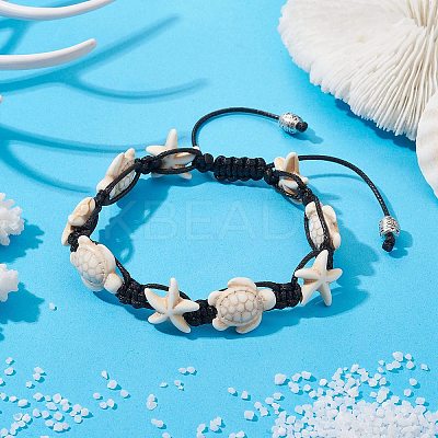 Synthetic Turquoise Starfish & Turtle Braided Bead Bracelet BJEW-TA00388-02-1
