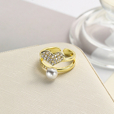Heart Brass Micro Pave Cubic Zirconia Open Cuff Ring for Women LS-RJEW-F154-03G-A-1