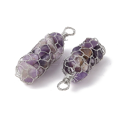 Rack Plating Copper Wire Wrapped Natural Amethyst Chip Big Pendants G-C130-01P-02-1