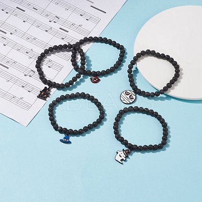 Natural Lava Rock Round Beaded Stretch Bracelet with Enamel Halloween Charms BJEW-JB08331-1