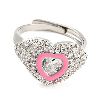 Enamel Heart Adjustable Ring with Clear Cubic Zirconia RJEW-Q781-01P-03-1