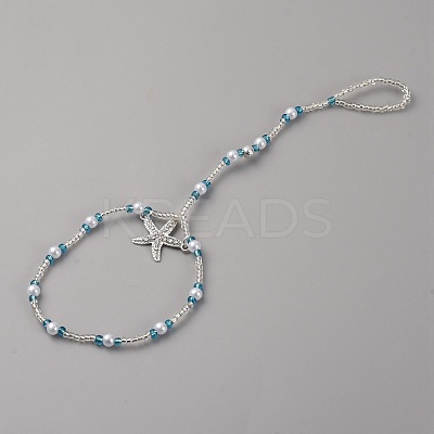Bohemian Alloy Starfish Charm Glass Seed Beads and Plastic Imitation Pearl Beaded Toe Ring Stretch Anklets for Women AJEW-WH0270-834A-1