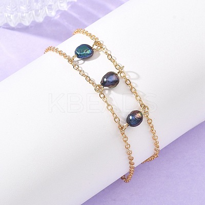 Brass Cable Chains & Rice Natural Cultured Freshwater Pearl Double Layers Bracelets for Women BJEW-JB14135-02-1