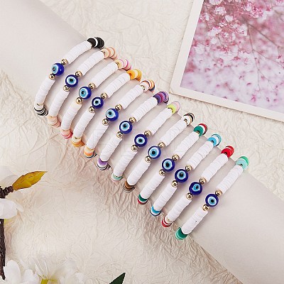 12Pcs 12 Colors Handmade Polymer Clay Heisih Beaded Stretch Bracelets Set with Evil Eye BJEW-SW00034-1
