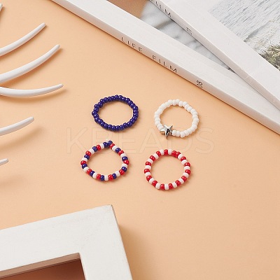 4Pcs 4 Style Independence Day Glass Seed Stretch Finger Rings Set with Brass Star Beaded for Women RJEW-TA00065-1