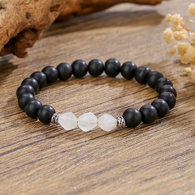 Bohemian Natural Black Onyx & Quartz Crystal Beaded Stretch Bracelets ZX5026-5-1