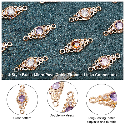 24Pcs 4 Style Brass Micro Pave Cubic Zirconia Links Connectors KK-PH0002-38-1