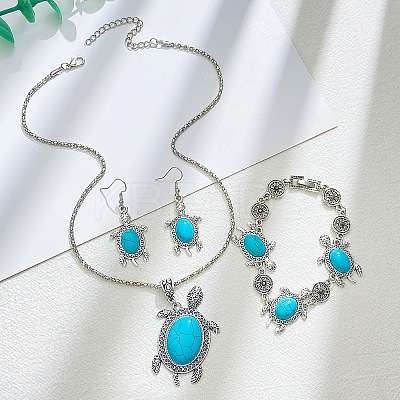 Tortoise Synthetic Turquoise Pendant Necklacres & Link Bracelets & Dangle Earring Sets FS-WG4B145-01-1