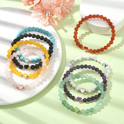 Natural & Synthetic Gemstone Round Beaded Stretch Bracelets BJEW-JB09881-1