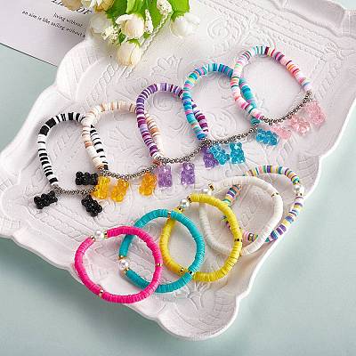 Polymer Clay Heishi Beads Stretch Charm Bracelets BJEW-SZ0001-33-1