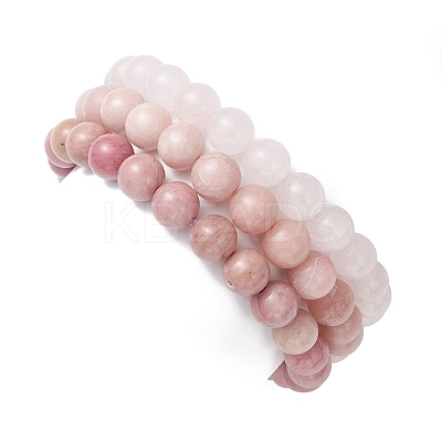 3Pcs Round Natural Rose Quartz & Rhodochrosite & Pink Opal & Pearl Beaded Stackable Stretch Bracelets Sets BJEW-JB12995-1