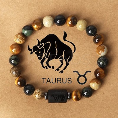 Twelve Constellations Natural Tiger Eye & Picture Jasper & Rhyolite Jasper Round & Column Beaded Stretch Bracelets for Women Men WG6FA5D-04-1
