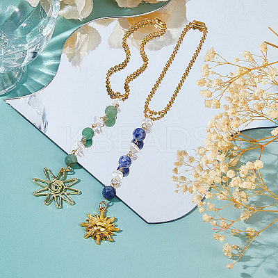 4Pcs 4 Styles Glass & Alloy & Natural Rose Quartz & Green Aventurine & Blue Spot Jasper Sun Pendant Decoration HJEW-FH00168-1