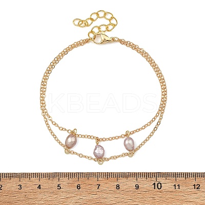Brass Cable Chains & Rice Natural Cultured Freshwater Pearl Double Layers Bracelets for Women BJEW-JB14135-01-1