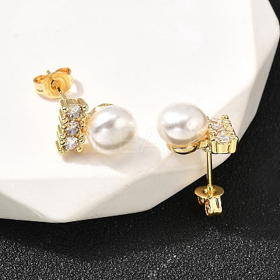 Round Brass Micro Pave Clear Cubic Zirconia Stud Earrings EJEW-A135-30G-1
