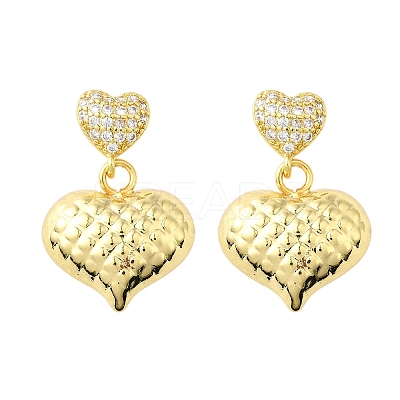 Textured Heart Brass Micro Pave Clear Cubic Zirconia Dangle Stud Earrings EJEW-Z099-02G-01-1