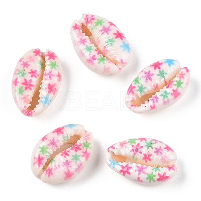 Flower Printed Cowrie Shell Beads SSHEL-ZX006-09A-1
