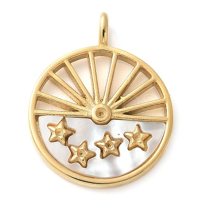 304 Stainless Steel Pave Natural White Shell Flat Round with Star Pendants STAS-Q345-32G-1