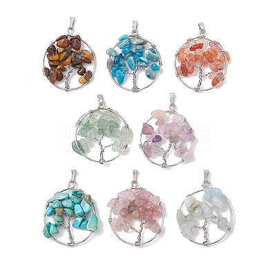 8Pcs 8 Styles Natural Mixed Stone Chip Copper Wire Wrapped Pendants PALLOY-JF02610-1