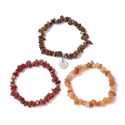 3Pcs 3 Styles Natural Red Aventurine & Red Jasper & Tiger Eye Chips Stretch Bracelets Sets BJEW-JB11076-07-1