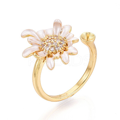 Flower Brass Micro Pave Clear Cubic Zirconia & Enamel Cuff Rings Setting KK-T079-47G-1