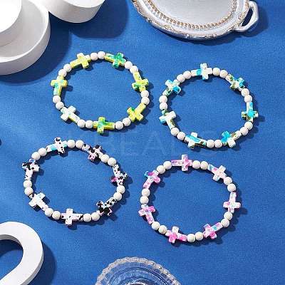 4Pcs 4 Colors Dyed Synthetic Turquoise Round Beads Stretch Bracelets for Women Men BJEW-JB11609-1
