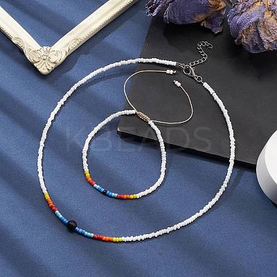 Glass Seed Beaded Necklace & Braided Beaded Bracelet SJEW-JS01283-01-1