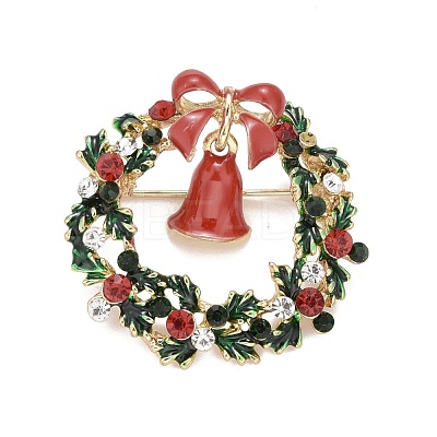 Colorful Christmas Wreath with Bell Enamel Pin with Rhinestone JEWB-A004-07G-1