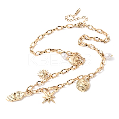 304 Stainless Steel Hamsa Hand Heart Sun Pendant Bib Necklaces for Women NJEW-B151-02G-1