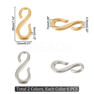 12Pcs 2 Colors 304 Stainless Steel S Hook Clasps STAS-UN0047-17-1