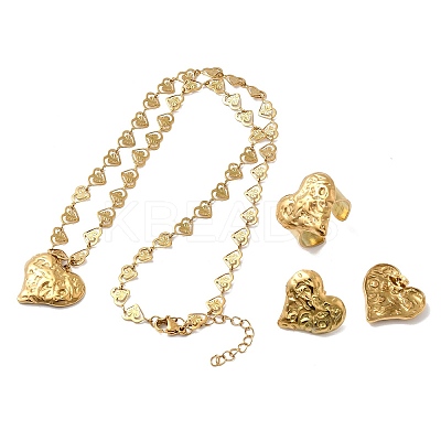 Heart 304 Stainless Steel Pendant Necklaces & Stud Earrings & Cuff Ring Sets for Women LS-SJEW-F226-01G-1
