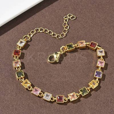 Square Brass Pave Cubic Zirconia Link Chain Bracelets for Women BJEW-P385-04G-1