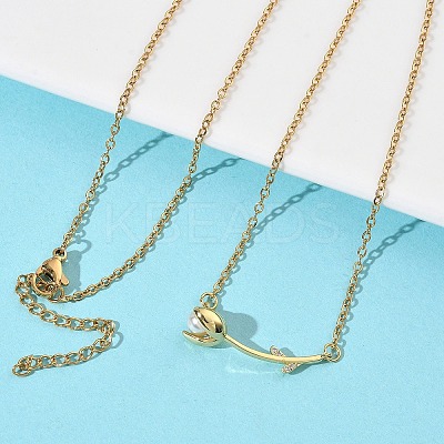 Brass and Acrylic Rose Flower Pendant 304 Stainless Steel Chain Necklaces for Women NJEW-D341-02G-1