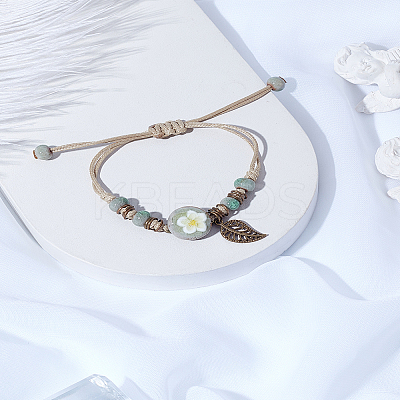 1Pc Adjustable Handmade Flat Round with Flower Porcelain Braided Bead Bracelets BJEW-LP0003-24-1