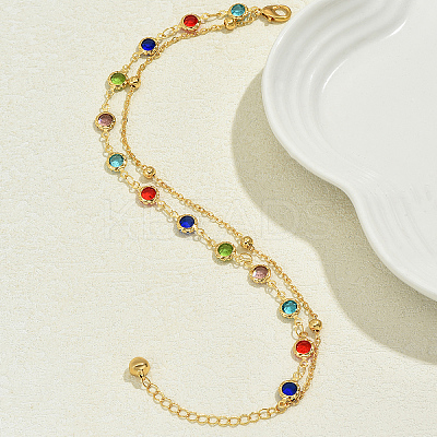 Fashionable Brass Cubic Zirconia Double Layer Women's Anklets in Real 18K Gold Plated Casual Style HU5590-1
