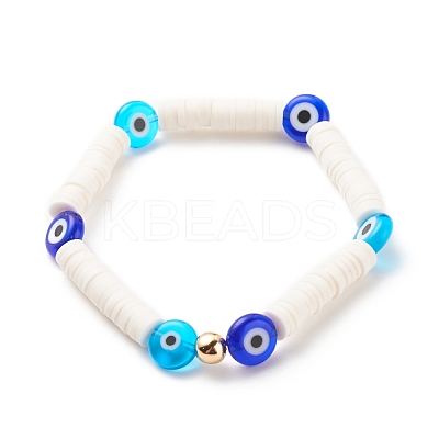 Polymer Clay Heishi Surfer Stretch Bracelet with Lampwork Evil Eye Beaded for Women BJEW-JB08386-01-1