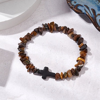Natural Tiger Eye Chips Stretch Bracelets for Women Men BJEW-JB11341-11-1