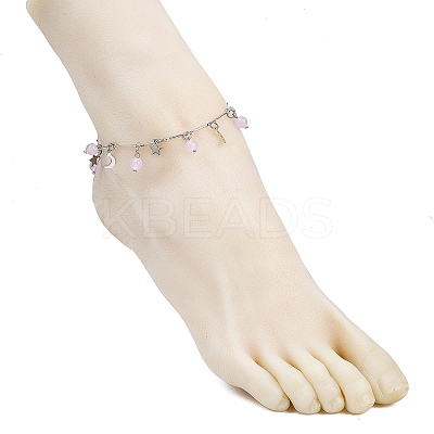 3Pcs 3 Colors 201 Stainless Steel Moon Star & Natural Dyed Malaysia Jade Round Charm Brass Bar Link Chain Anklets AJEW-AN00732-1